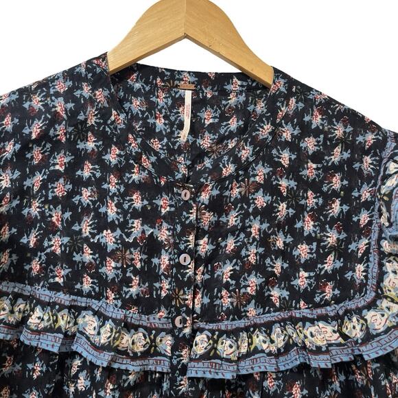 Free People Jenna Floral Peasant Flowy Button Up Top Size L Navy Boho Hippie - Picture 4 of 9